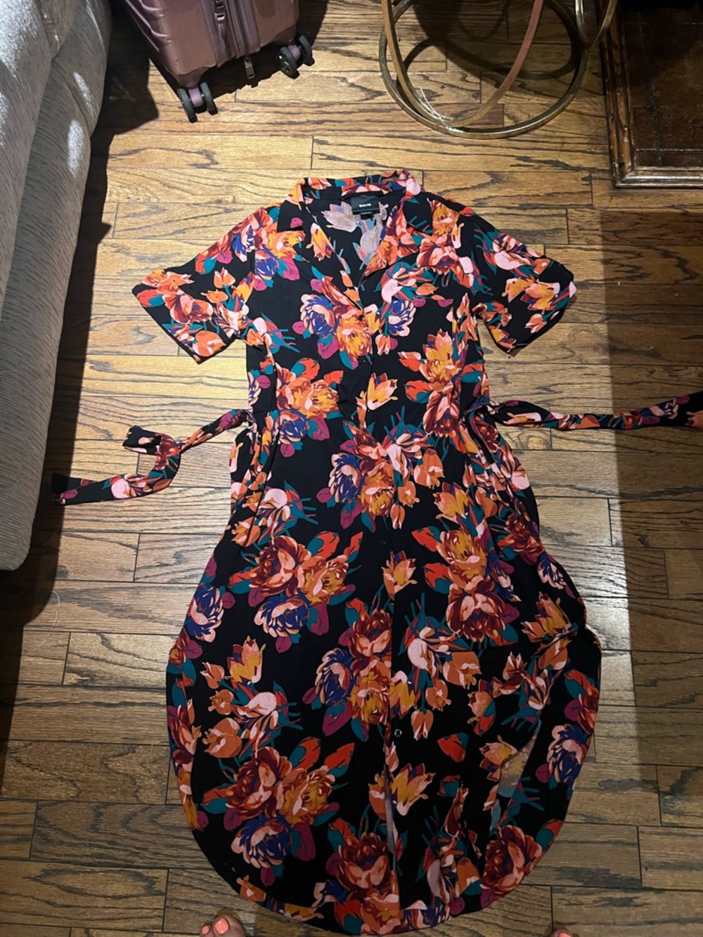 Maeve Black Midi Wrap Dress with Orange & Pink Floral Print